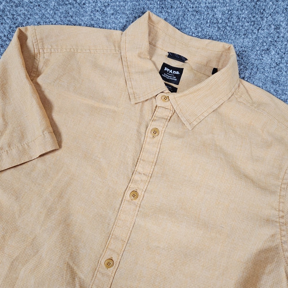 Prana Mens Short Sleeve Hemp Blend Button Down Shirt Mustard Yellow Medium